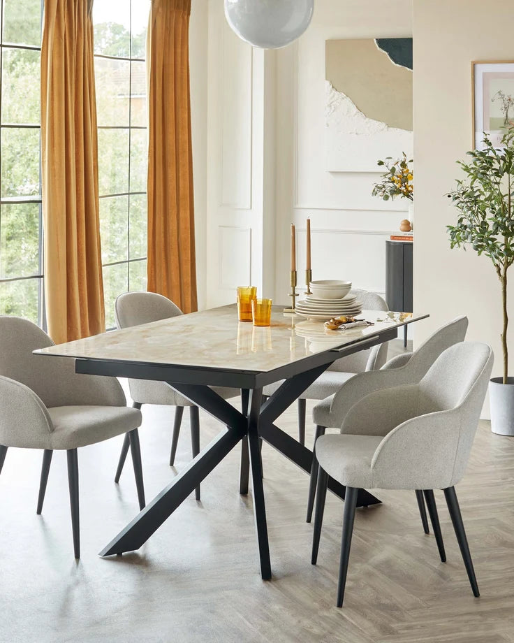 DANETTI HAYDEN 6-8 SEATER EXTENDING DINING TABLE, NATURAL CERAMIC WITH BLACK METAL