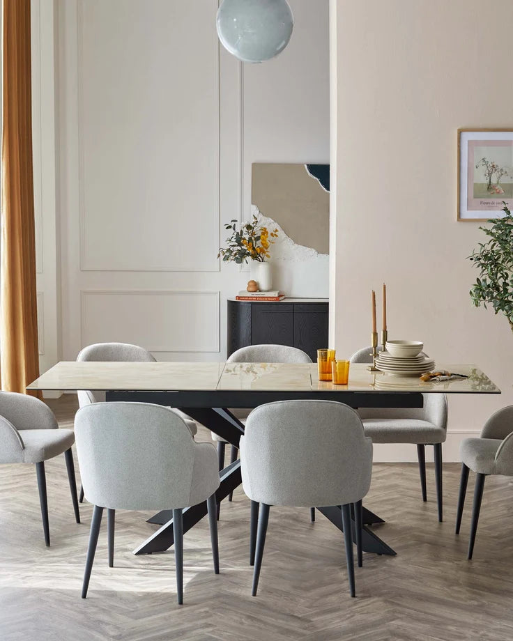 DANETTI HAYDEN 6-8 SEATER EXTENDING DINING TABLE, NATURAL CERAMIC WITH BLACK METAL