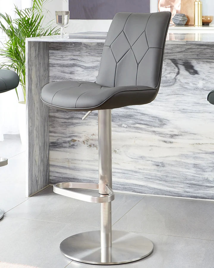 Lumos Dark Grey Faux Leather Stainless Steel Gas Lift Bar Stool