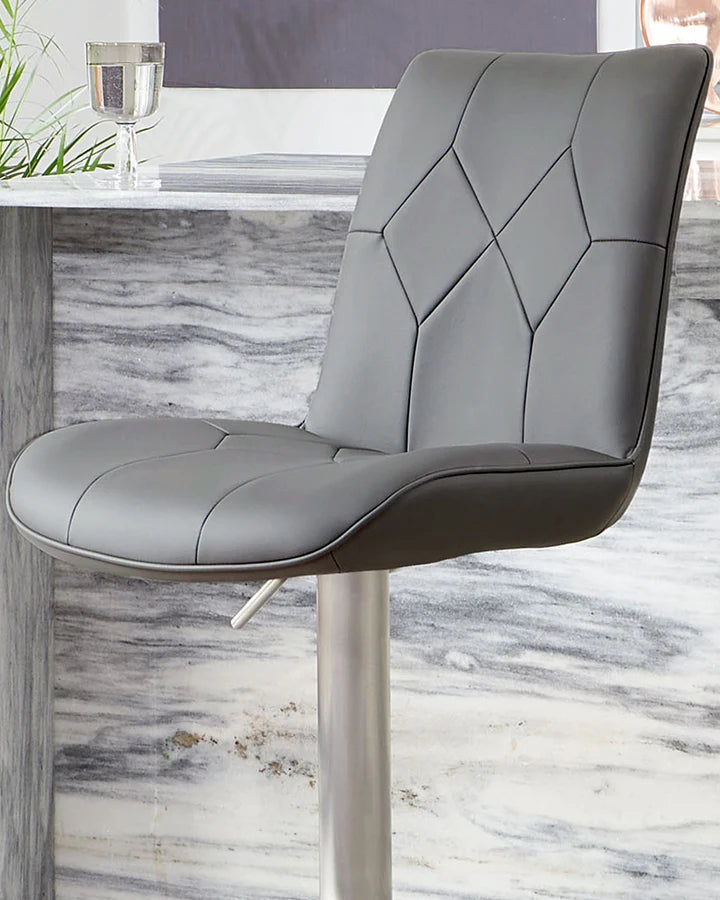 Lumos Dark Grey Faux Leather Stainless Steel Gas Lift Bar Stool