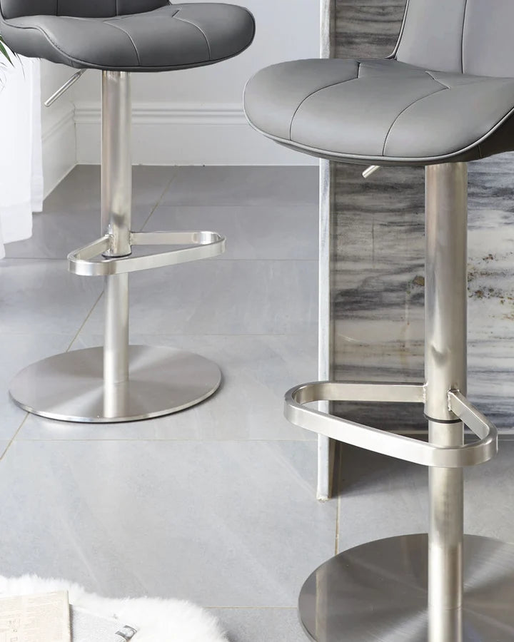 Lumos Dark Grey Faux Leather Stainless Steel Gas Lift Bar Stool